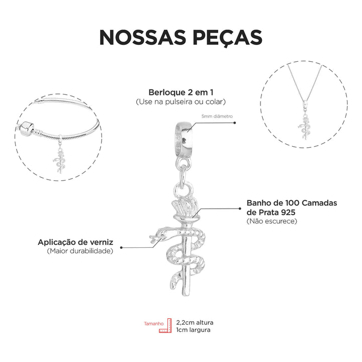 Berloque Símbolo da Odontologia prateado — detalhe da peça Work Semijoias