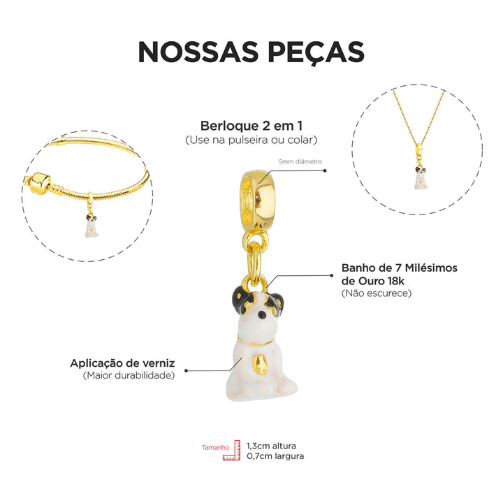 Berloque Buldogue Francês dourado — close-up argola Work Semijoias