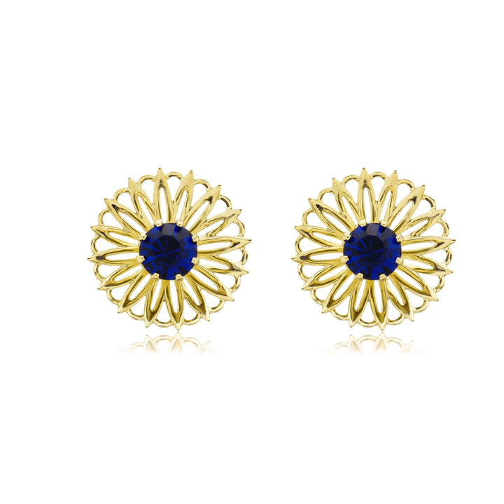 Brinco Flor com Pedra Zircônia Azul dourado semijoia Work Semijoias