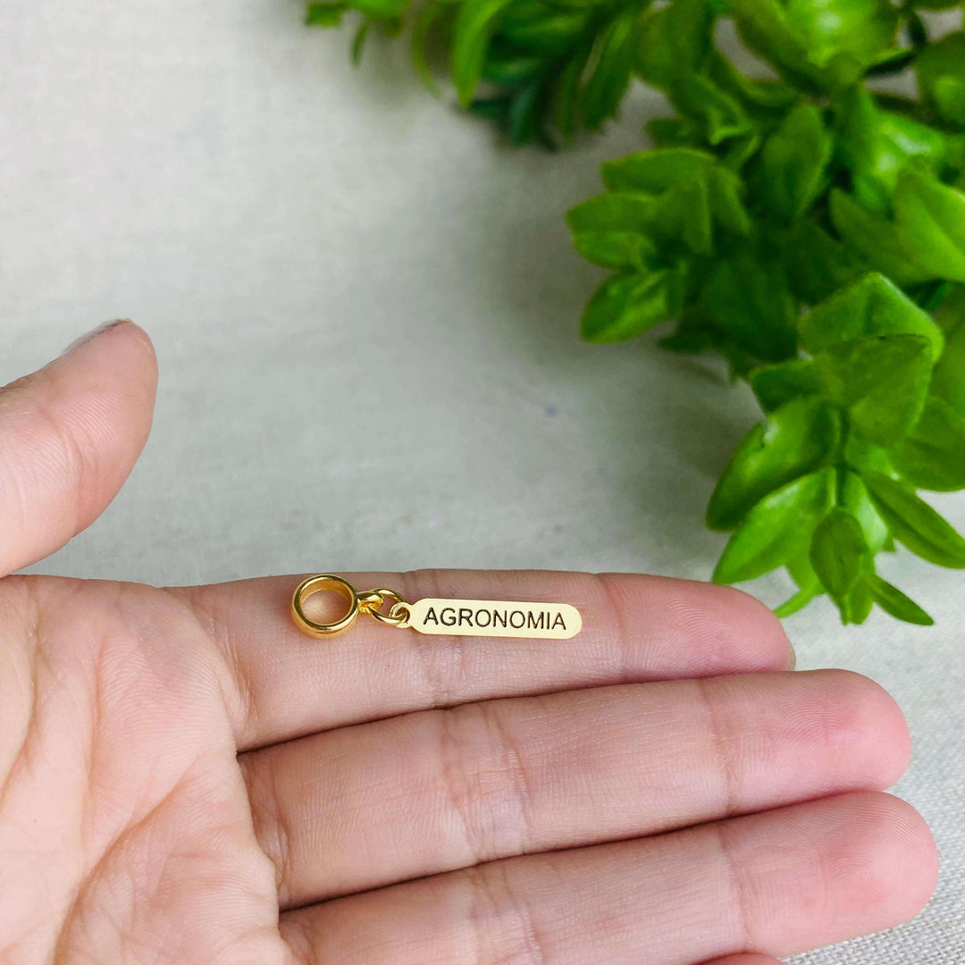 Berloque Plaquinha Agronomia dourado — detalhe da peça Work Semijoias