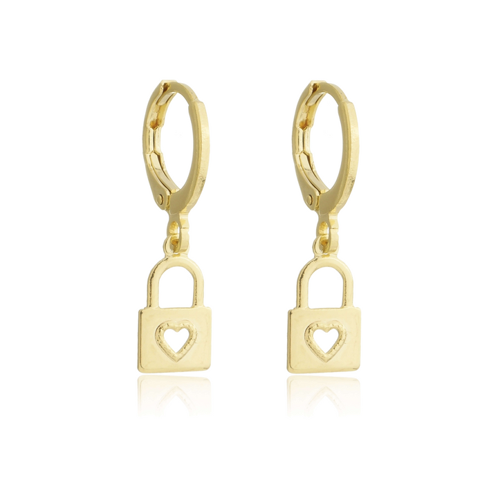 Brinco Argolinha Coração Cadeado dourado semijoia Work Semijoias