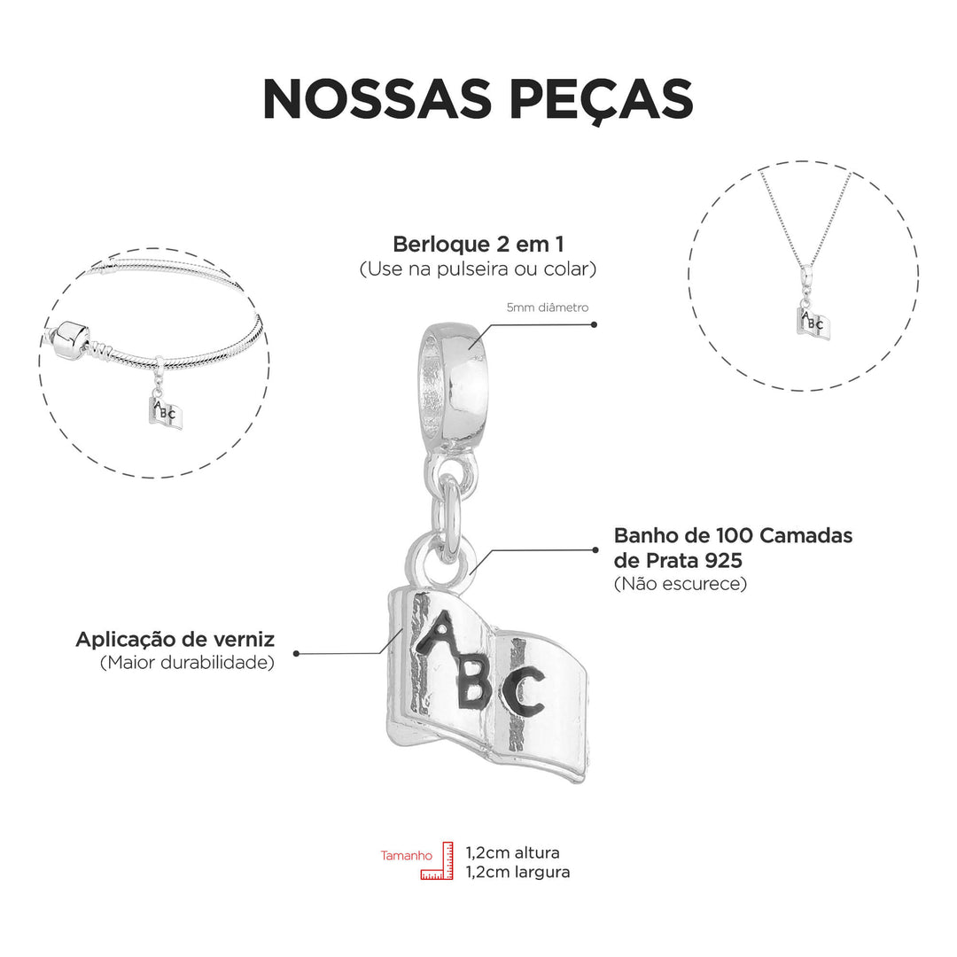 Berloque Livro Escola prateado — detalhe da peça Work Semijoias