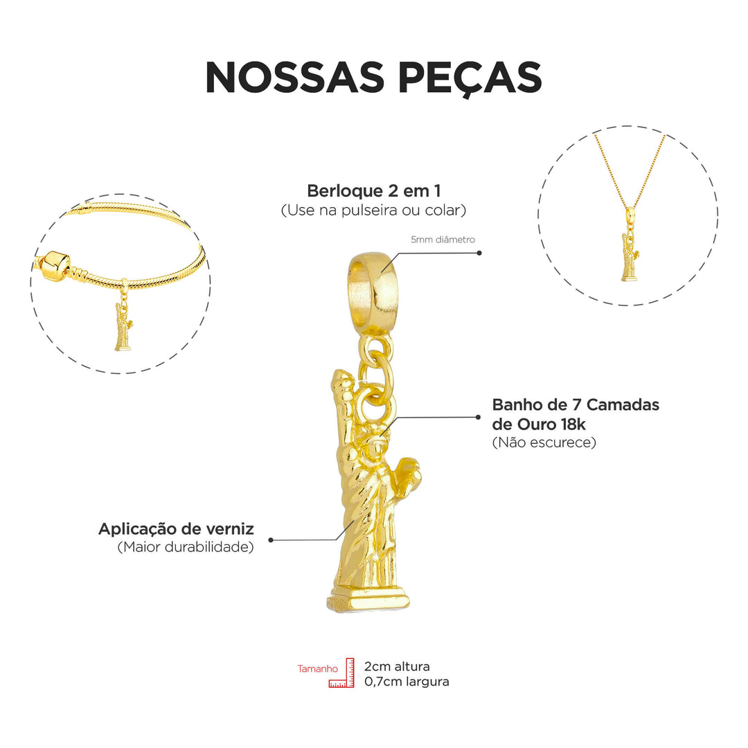 Berloque Estátua Liberdade dourado — ângulo lateral semijoia Work Semijoias