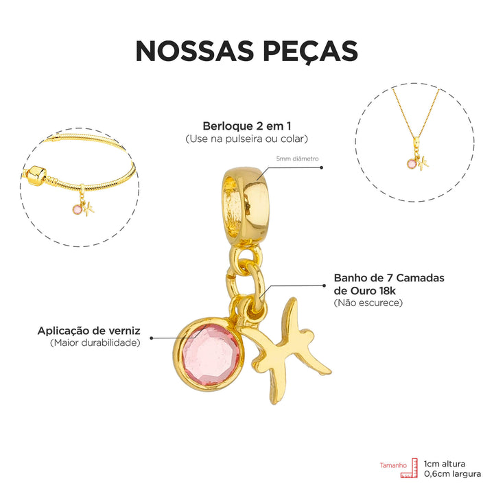 Berloque Signo Peixes dourado — ângulo lateral semijoia Work Semijoias