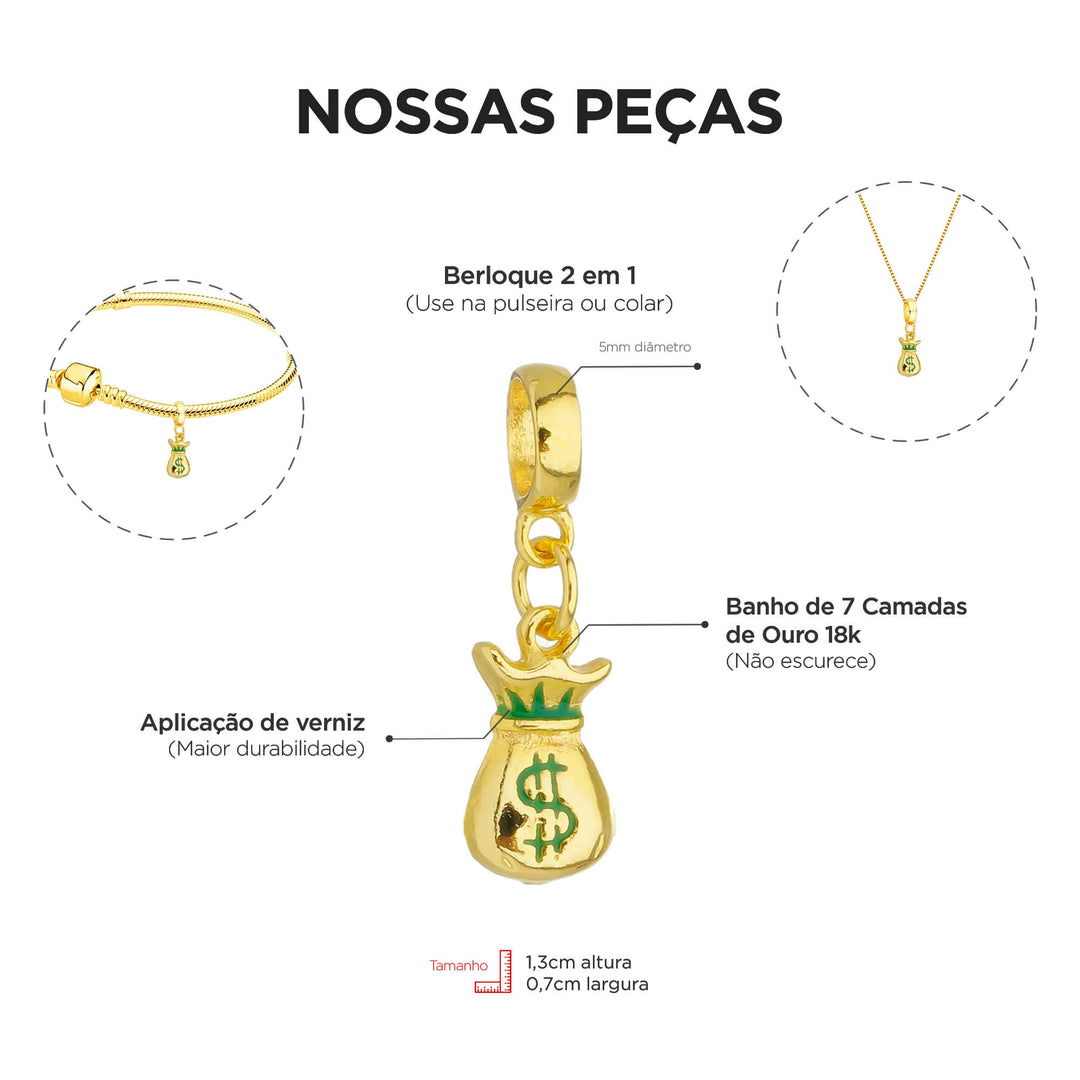 Berloque Saco de Dinheiro dourado — detalhe da peça Work Semijoias