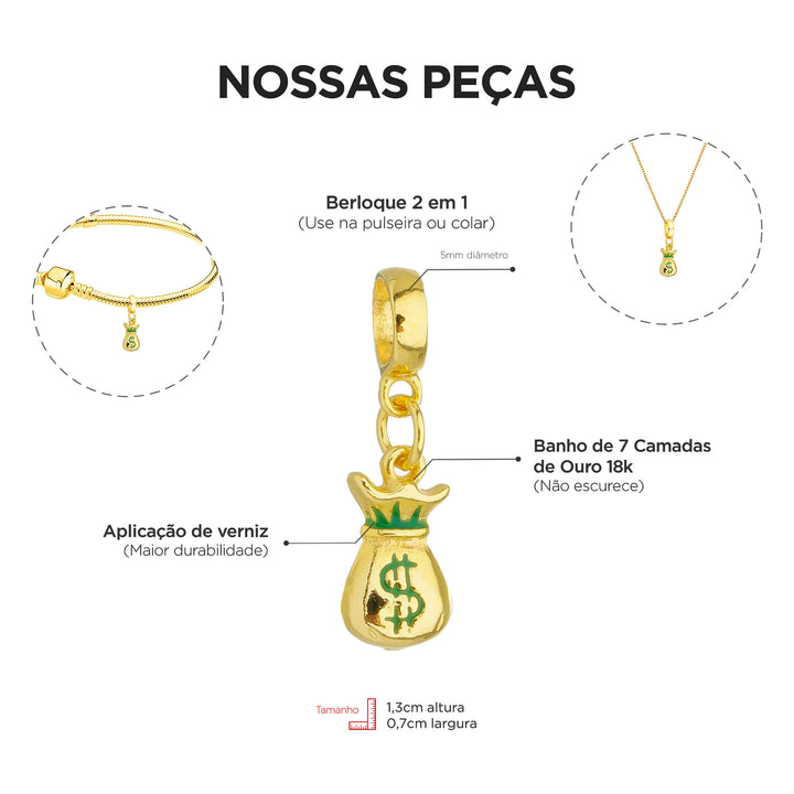 Berloque Saco de Dinheiro dourado — detalhe da peça Work Semijoias
