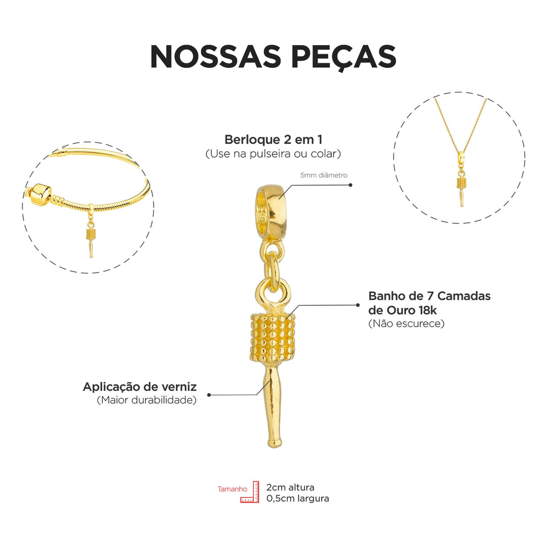 Berloque Escova de Cabelo Cabeleireira dourado — ângulo lateral semijoia Work Semijoias