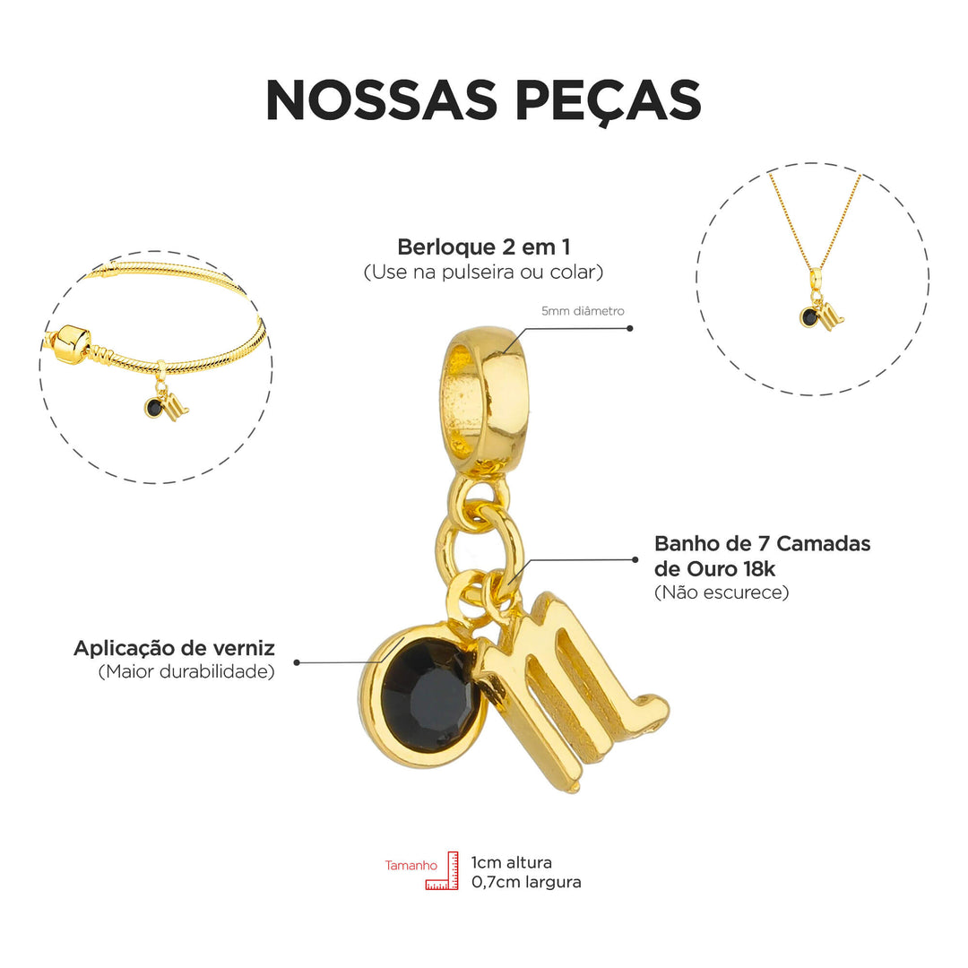 Berloque Signo Escorpião dourado — ângulo lateral semijoia Work Semijoias