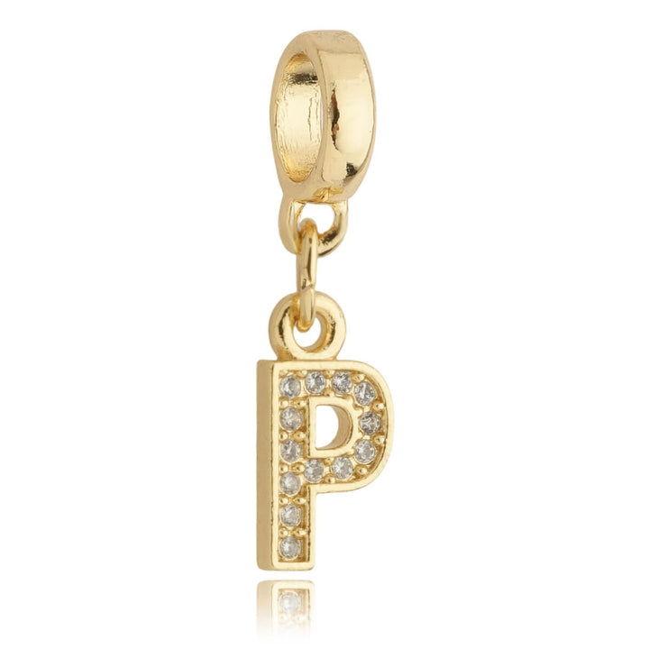 Berloque Letra P Cravejada Zircônia dourado semijoia Work Semijoias