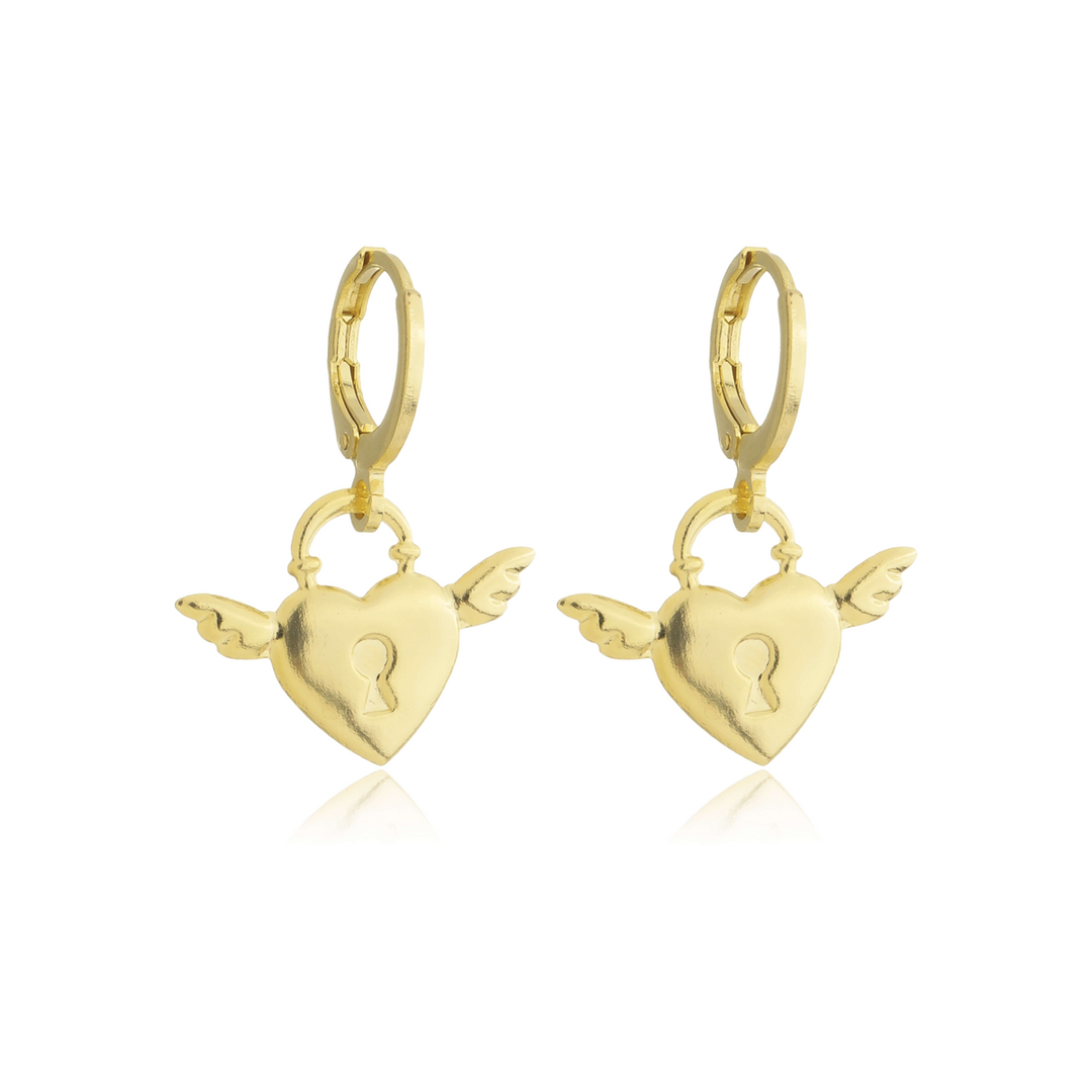 Brinco Argolinha Coração Asa Anjo dourado semijoia Work Semijoias