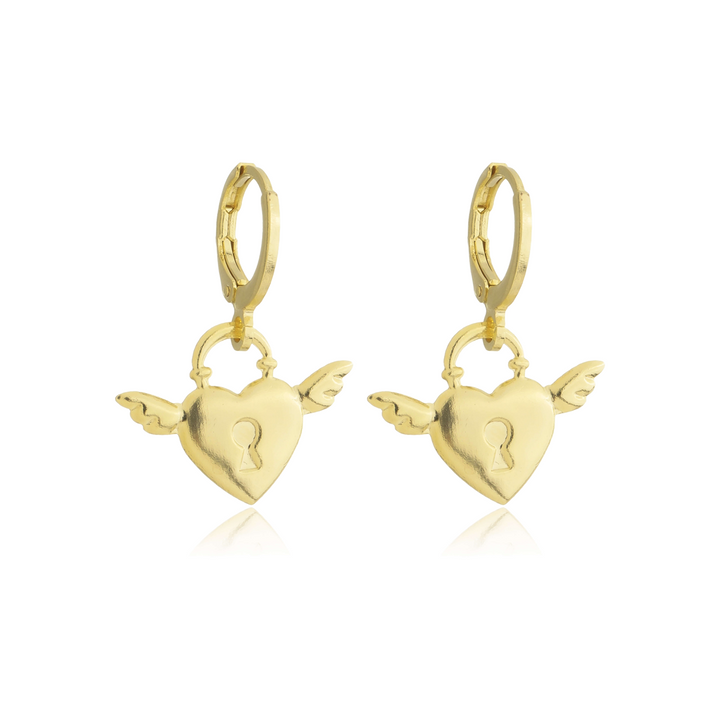 Brinco Argolinha Coração Asa Anjo dourado semijoia Work Semijoias