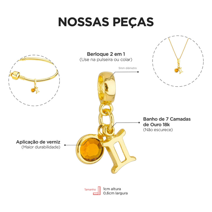 Berloque Signo Gêmeos dourado — ângulo lateral semijoia Work Semijoias