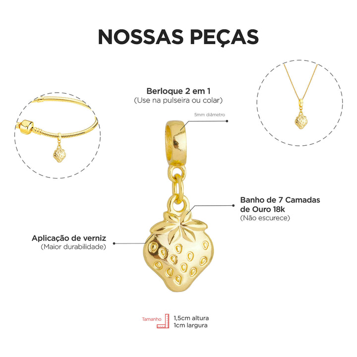 Berloque Morango Fruta dourado — ângulo lateral semijoia Work Semijoias
