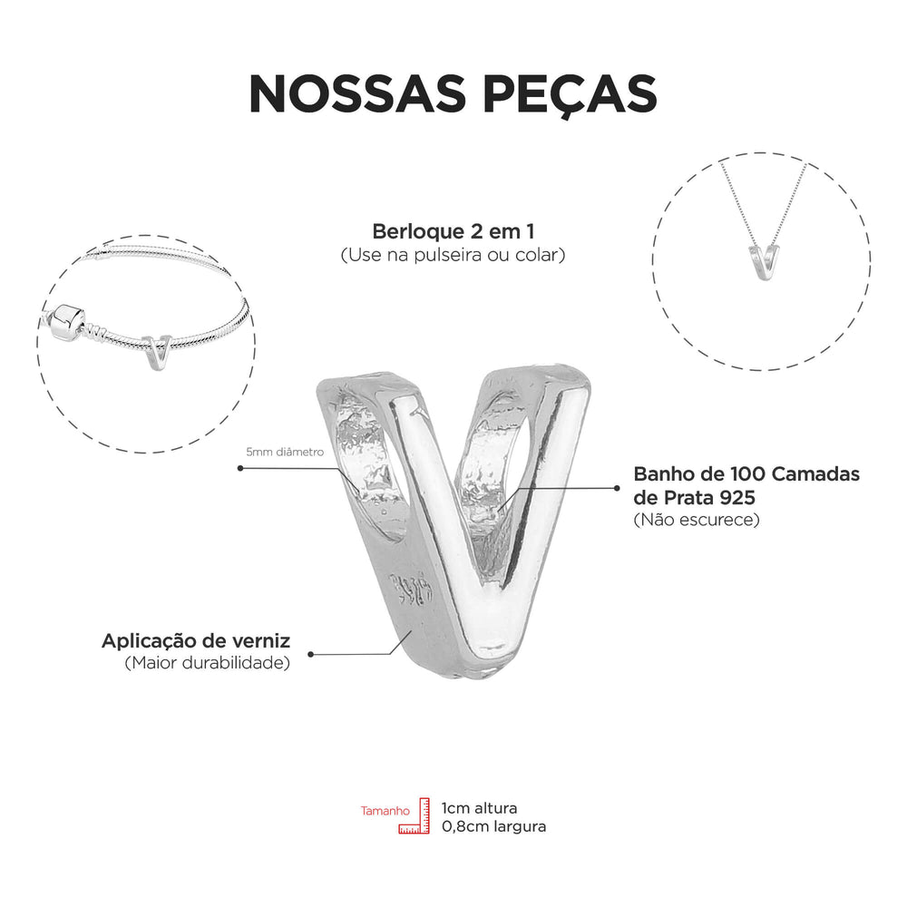Berloque Letra V separador prateado — detalhe da peça Work Semijoias