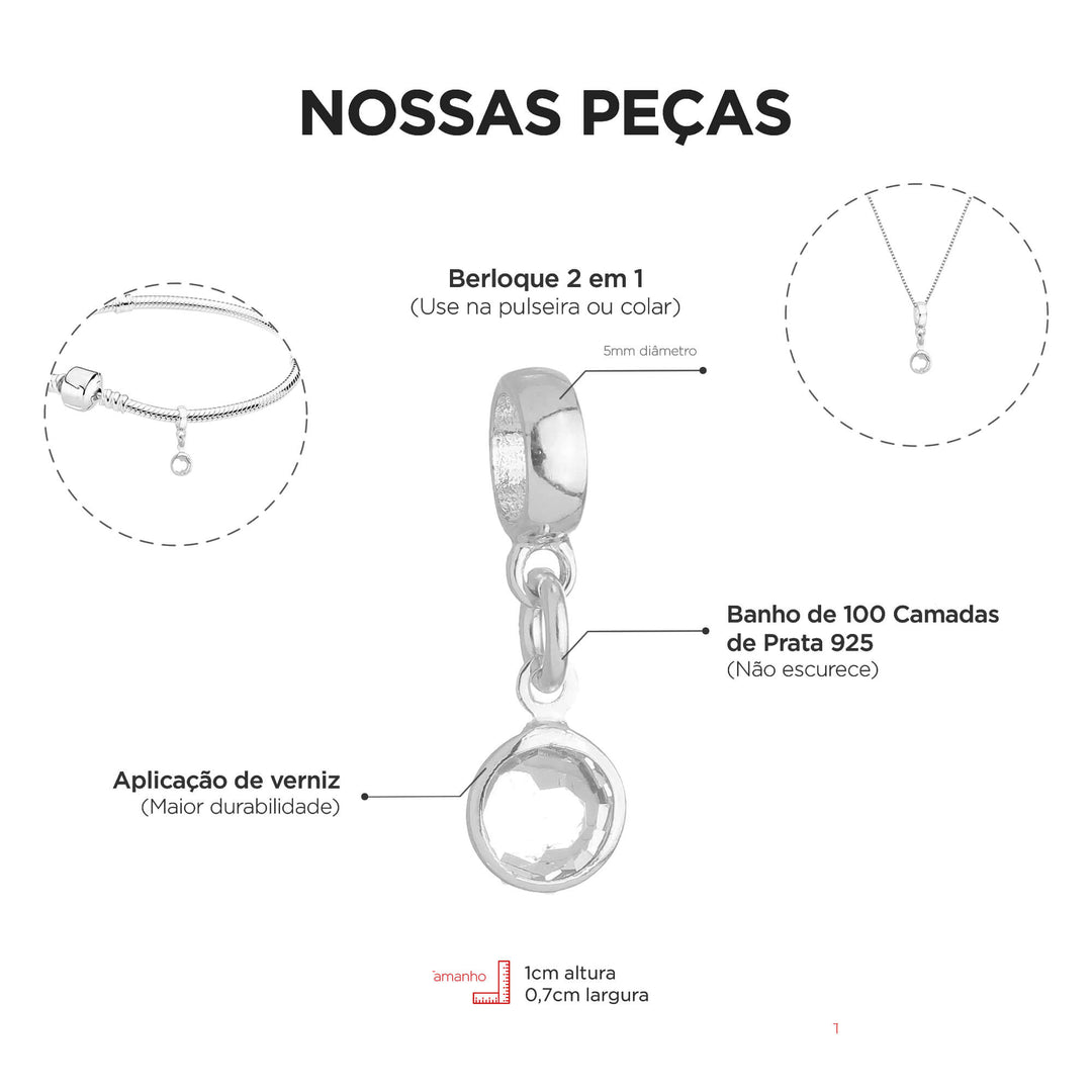 Berloque Cristal Transparente prateado — detalhe da peça Work Semijoias