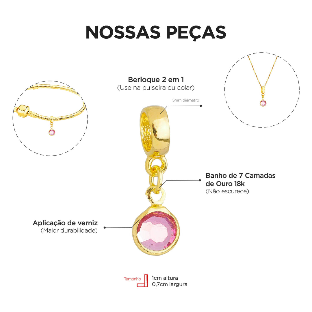 Berloque Cristal Rosa dourado — detalhe da peça Work Semijoias