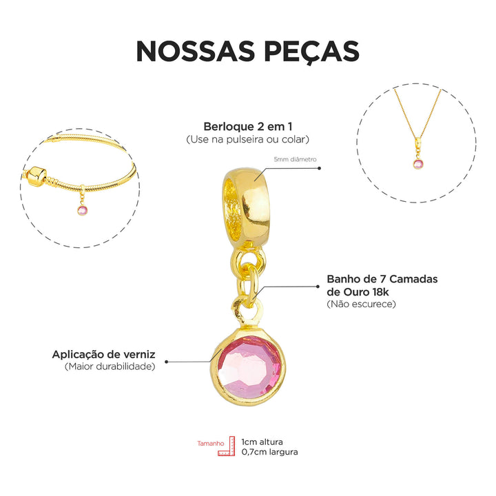 Berloque Cristal Rosa dourado — detalhe da peça Work Semijoias