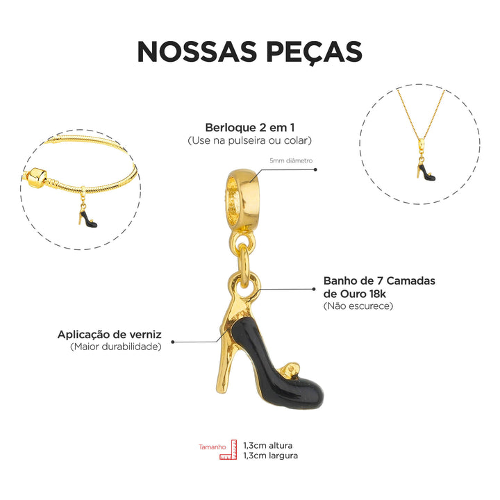 Berloque Sapato Mulher dourado — ângulo lateral semijoia Work Semijoias