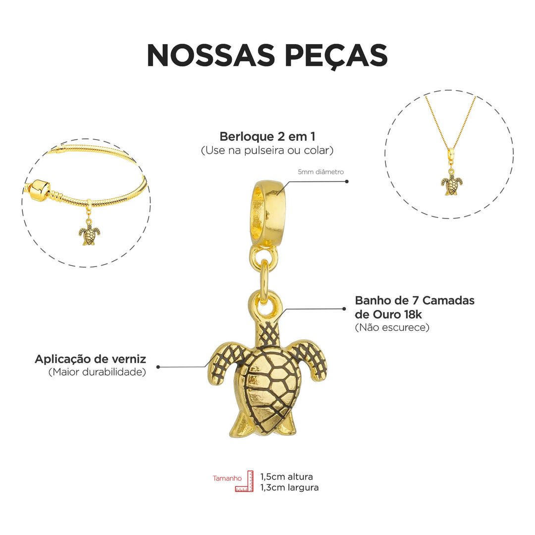 Berloque Tartaruga Mar dourado — ângulo lateral semijoia Work Semijoias