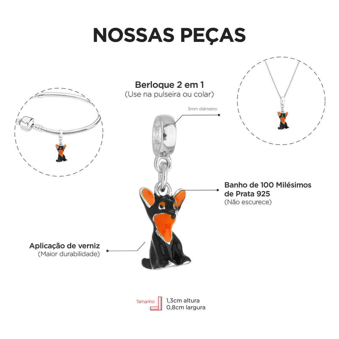 Berloque Pinscher prateado — ângulo lateral semijoia Work Semijoias