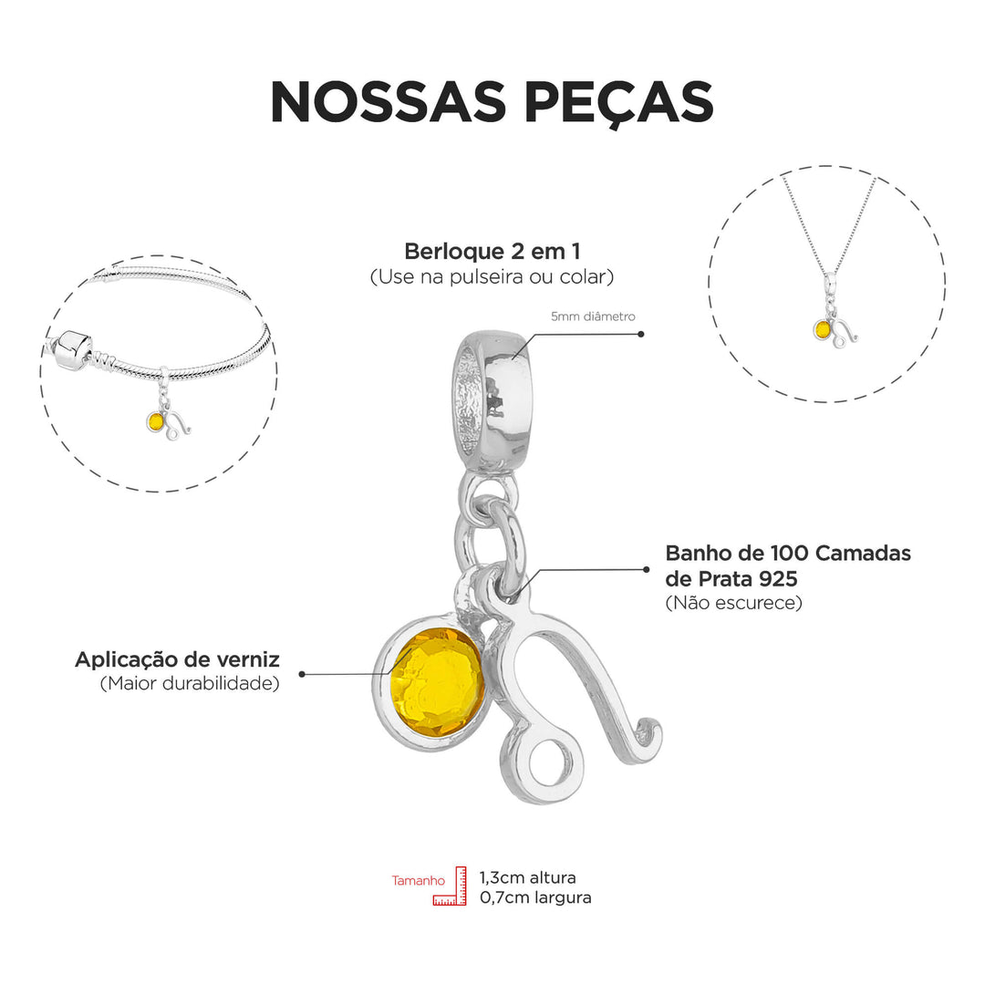 Berloque Signo Leão prateado — detalhe da peça Work Semijoias