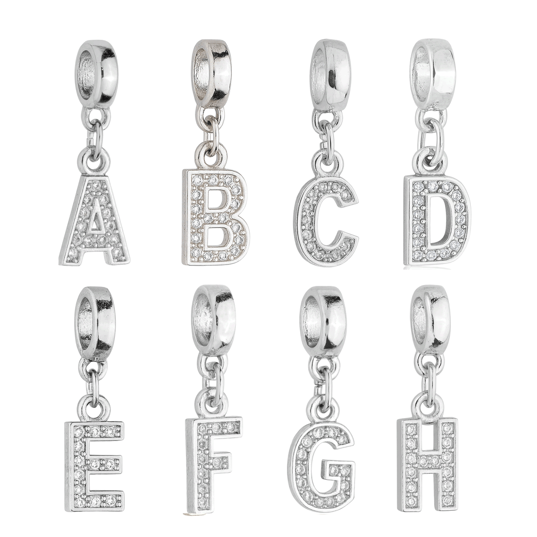 Berloques Letras A-Z Alfabeto Cravejada Zircônia prateado semijoia Work Semijoias
