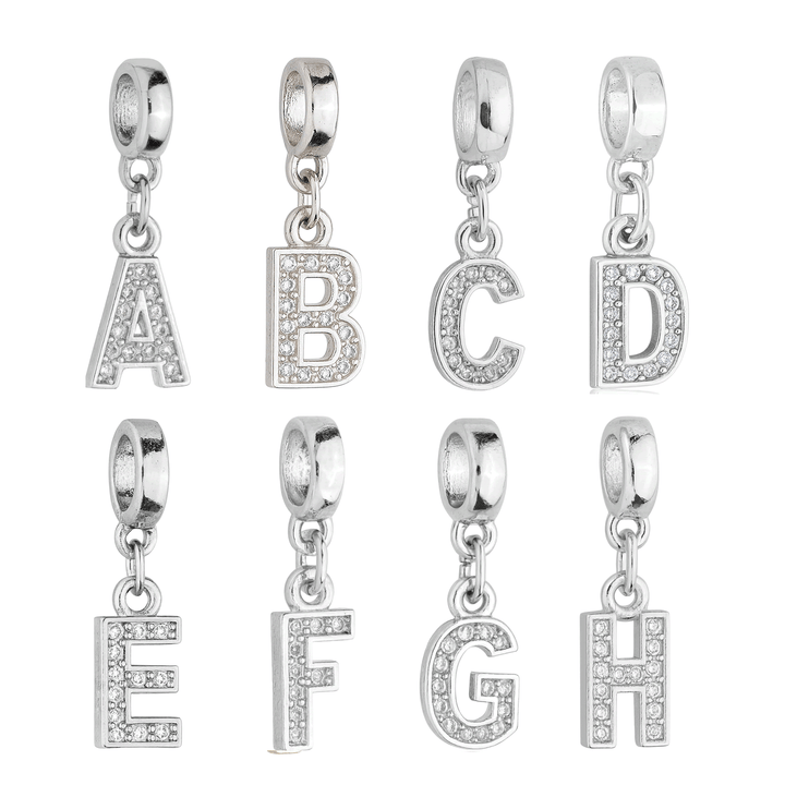 Berloques Letras A-Z Alfabeto Cravejada Zircônia prateado semijoia Work Semijoias
