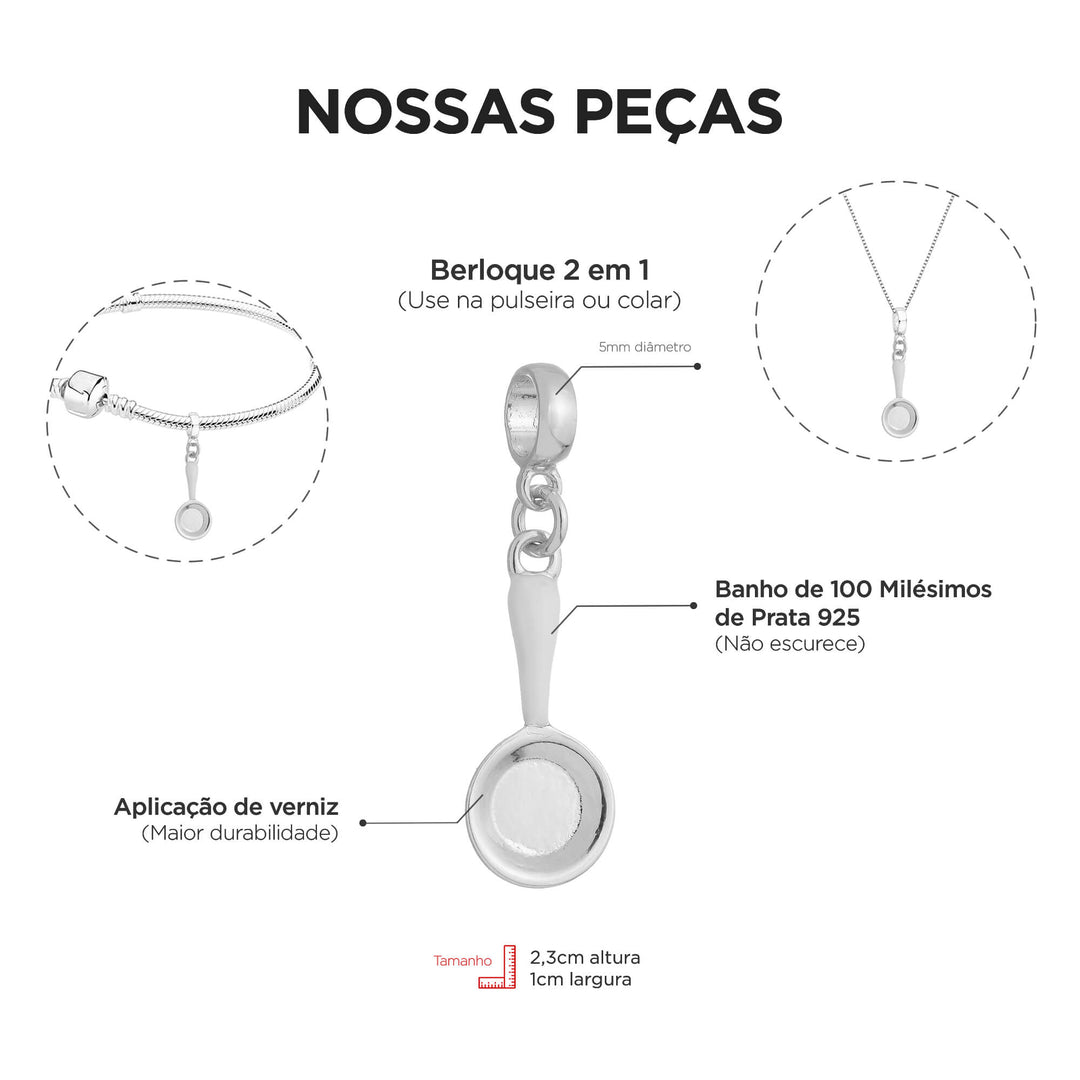 Berloque Frigideira Gastronomia prateado — detalhe da peça Work Semijoias