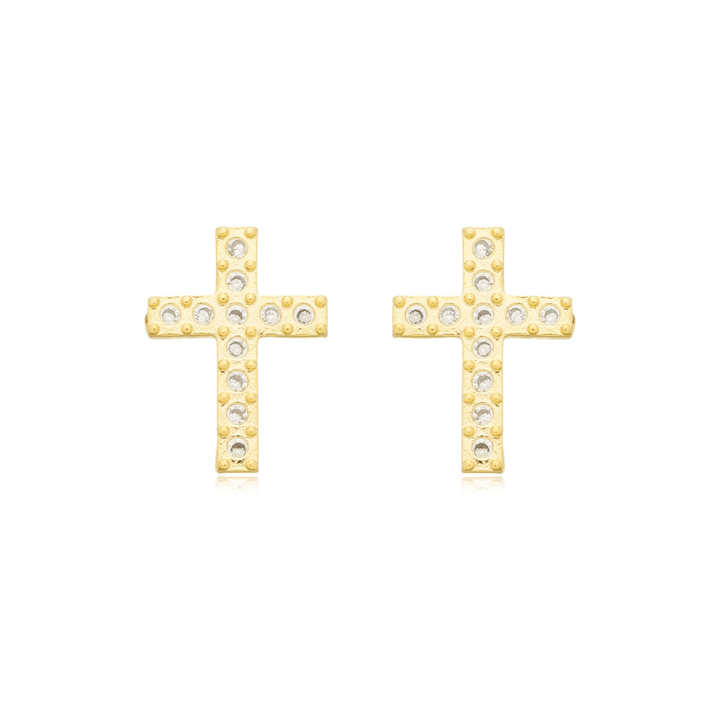 Brinco Cruz Cravejado dourado semijoia Work Semijoias