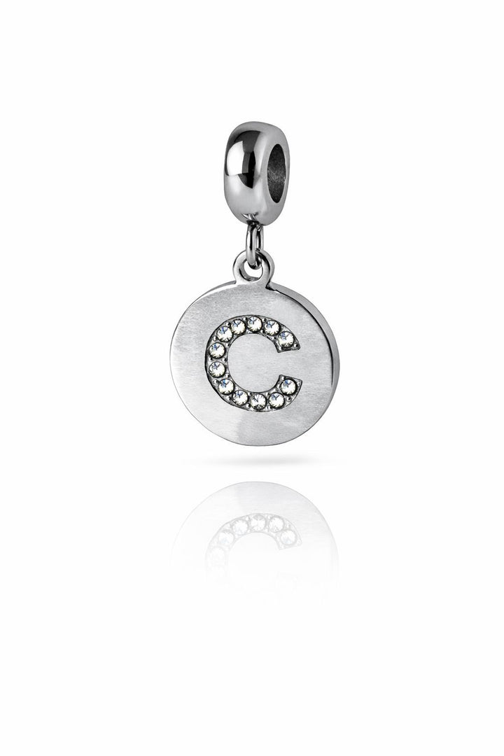 Berloque Medalha Letra C Redonda Cravejada Zircônia aço inox semijoia Work Semijoias