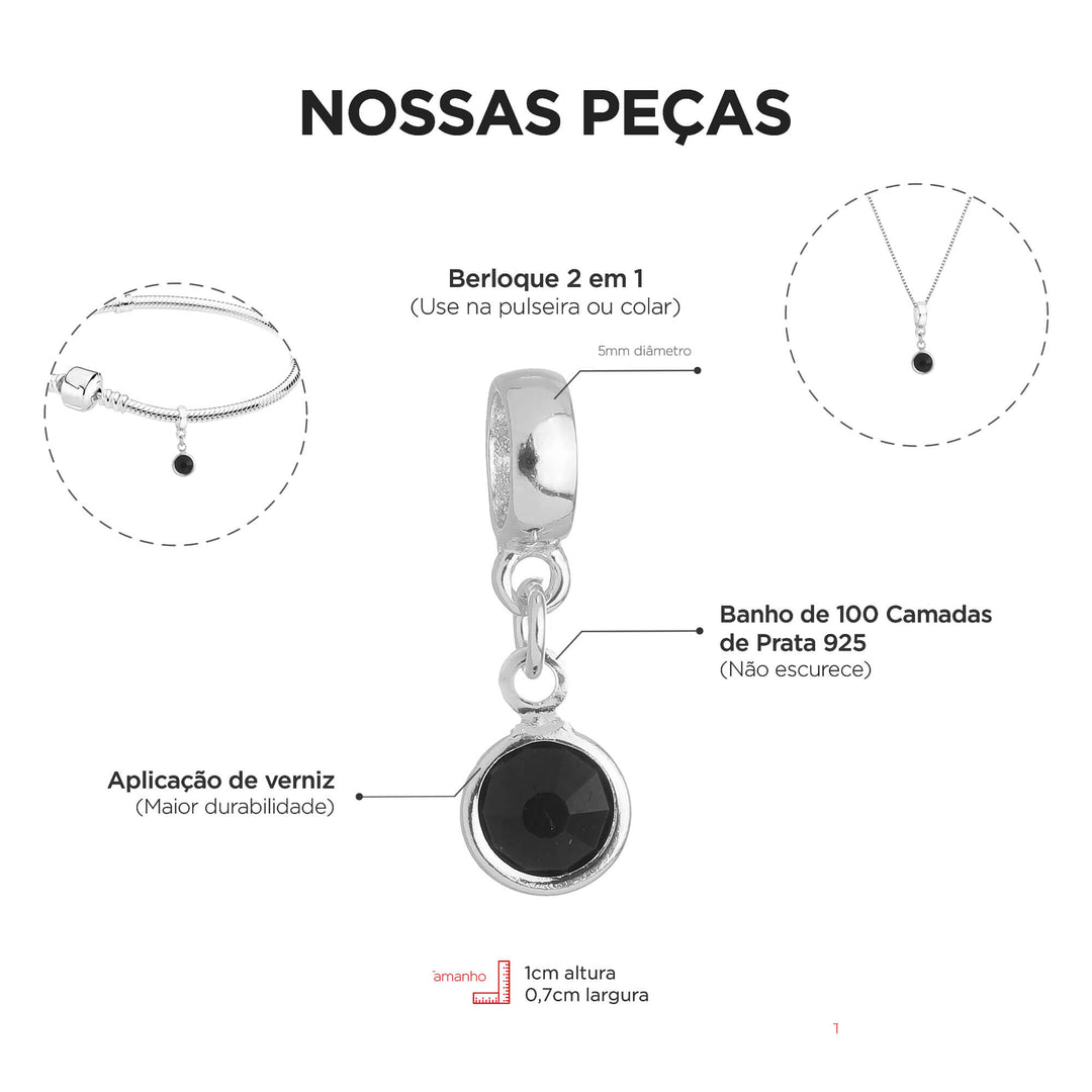 Berloque Cristal Preto prateado — detalhe da peça Work Semijoias