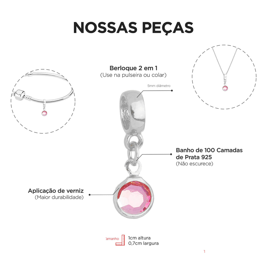 Berloque Cristal Rosa prateado — detalhe da peça Work Semijoias