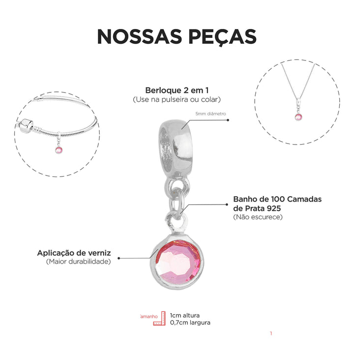 Berloque Cristal Rosa prateado — detalhe da peça Work Semijoias
