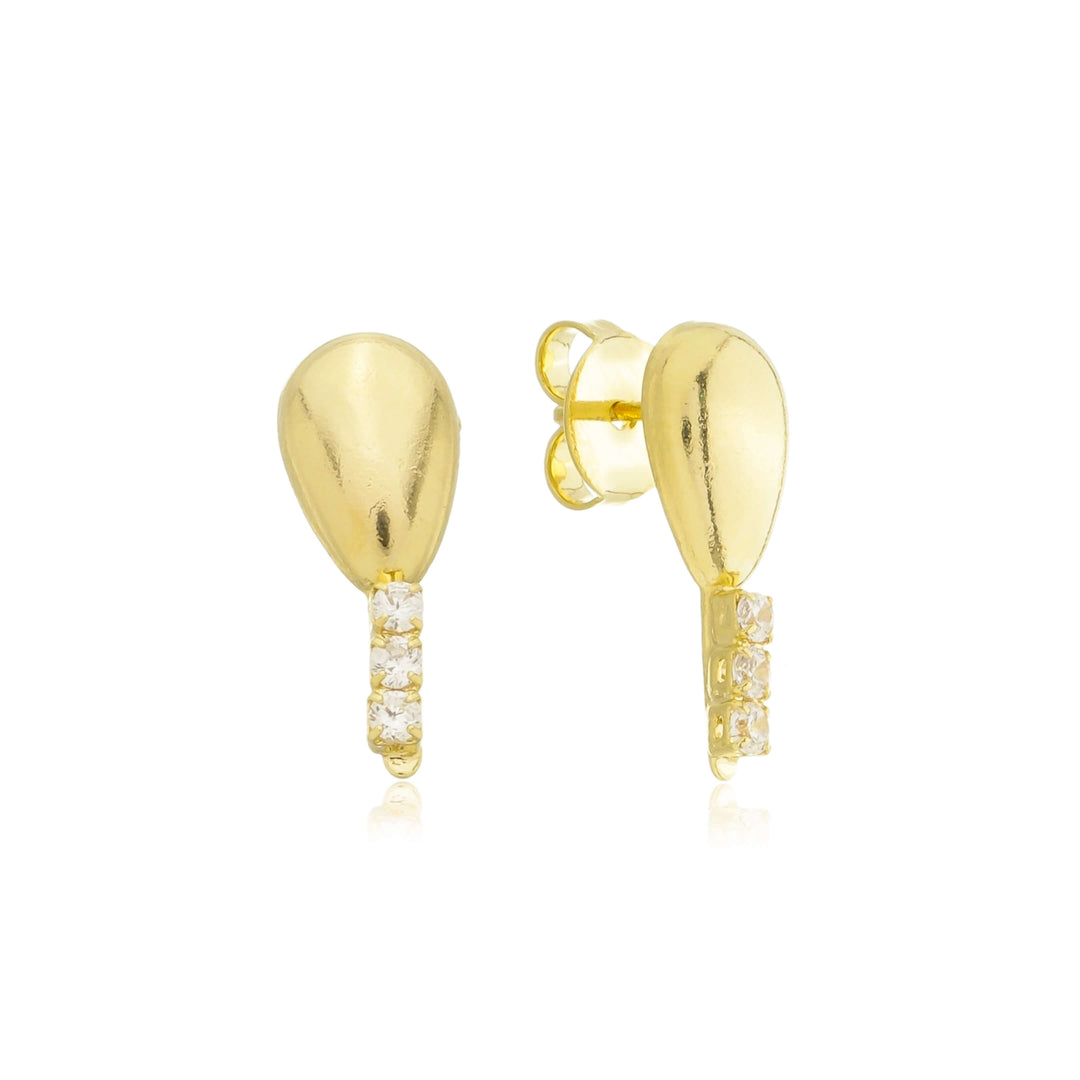 Brinco Gota com Três Pedras Zircônia Cravejada dourado semijoia Work Semijoias