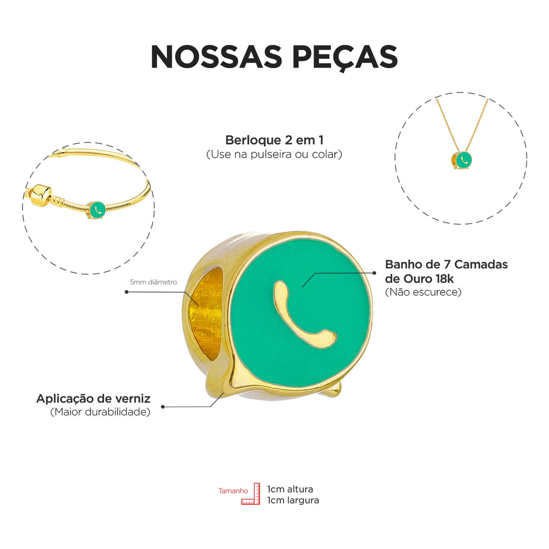 Berloque WhatsApp separador dourado — ângulo lateral semijoia Work Semijoias