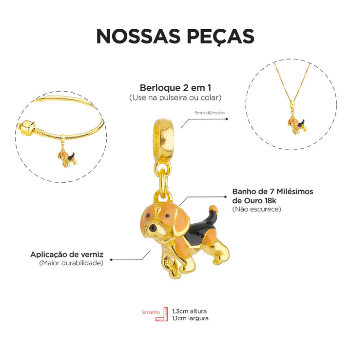 Berloque Beagle dourado — close-up argola Work Semijoias