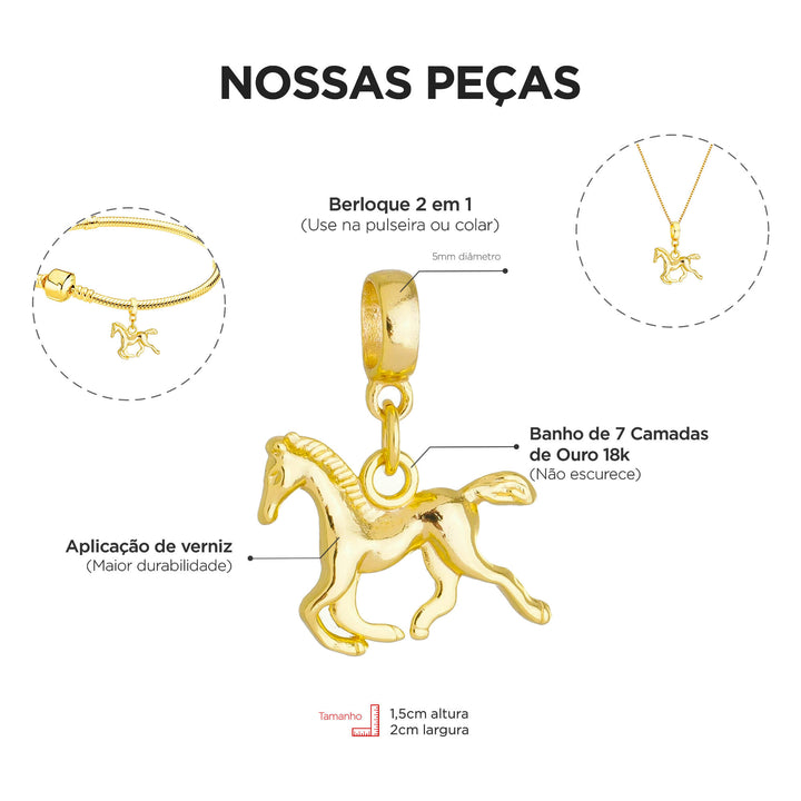 Berloque Cavalo dourado — ângulo lateral semijoia Work Semijoias