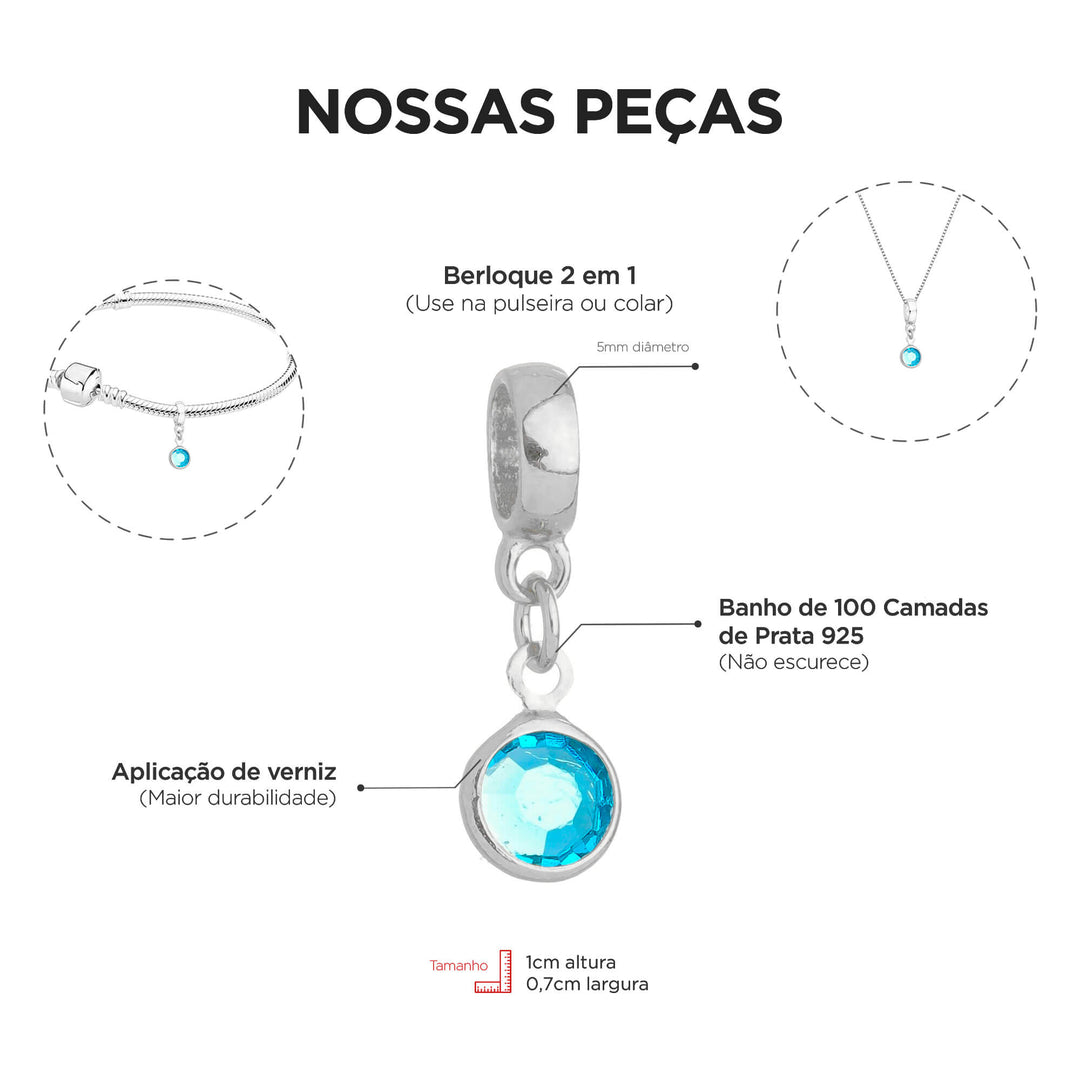 Berloque Cristal Azul Claro prateado — detalhe da peça Work Semijoias