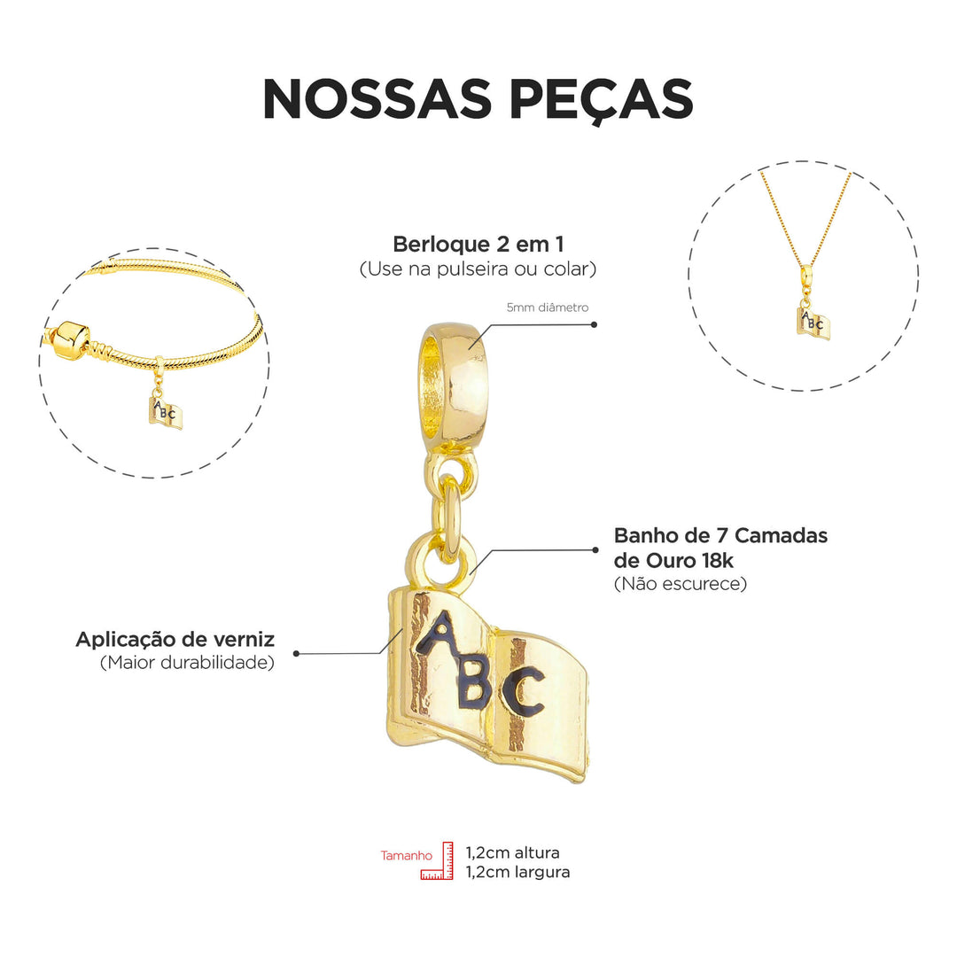 Berloque Livro Escola dourado — detalhe da peça Work Semijoias