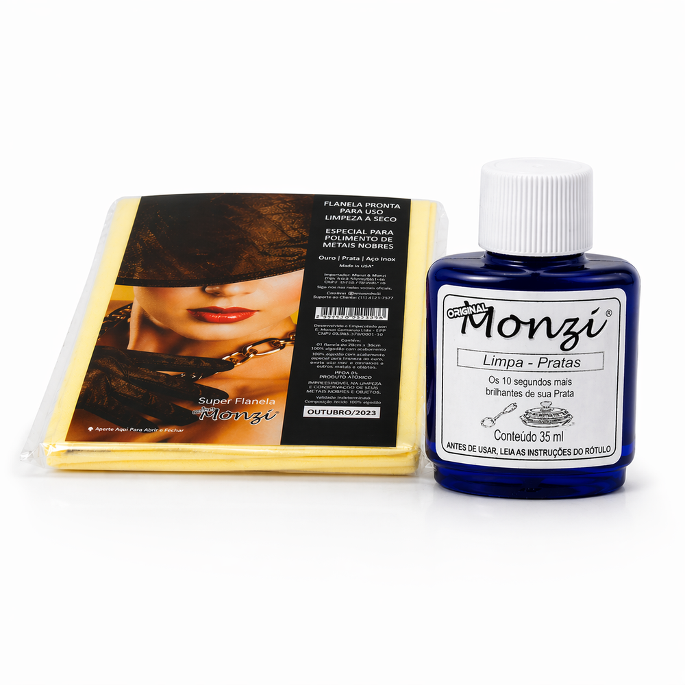 Kit Limpa Pratas Monzi — frasco e flanela para conservar semijoias