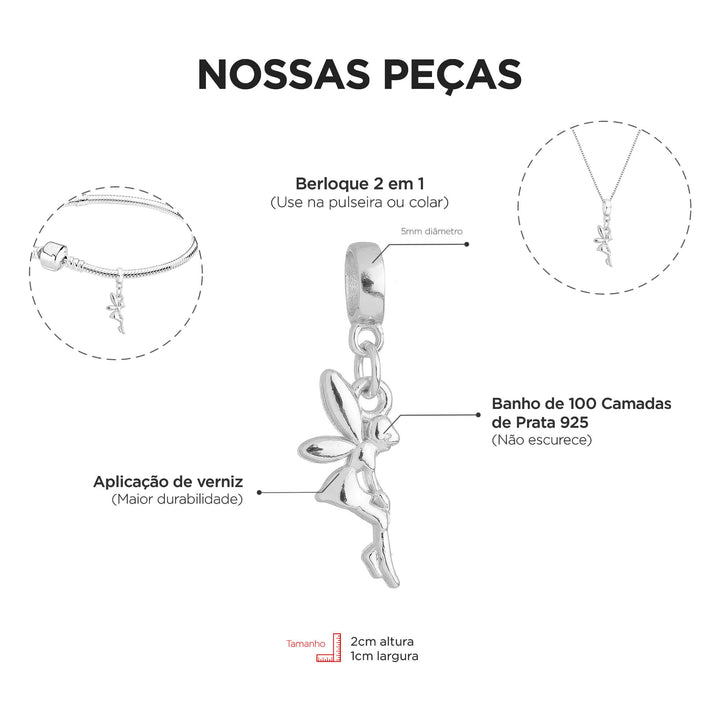 Berloque Fada Sininho prateado — ângulo lateral semijoia Work Semijoias