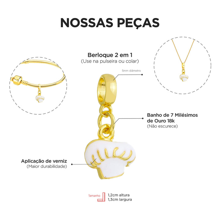 Berloque Chapéu Gastronomia dourado — ângulo lateral semijoia Work Semijoias