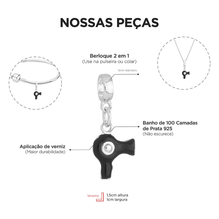 Berloque Secador de Cabelo prateado — detalhe da peça Work Semijoias
