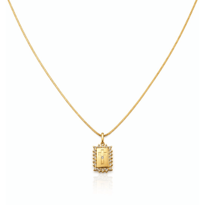 Colar Cruz Cravejada Zircônia dourado semijoia Work Semijoias