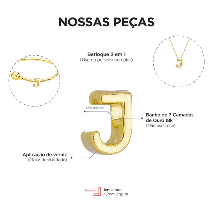 Berloque Letra J dourado — ângulo lateral semijoia Work Semijoias