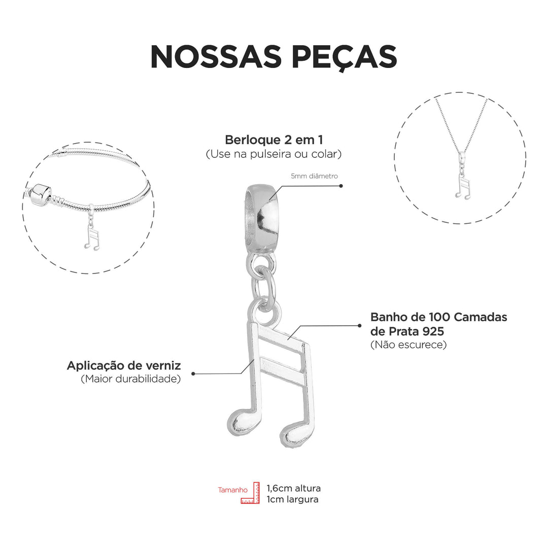 Berloque Nota Musical prateado — detalhe da peça Work Semijoias