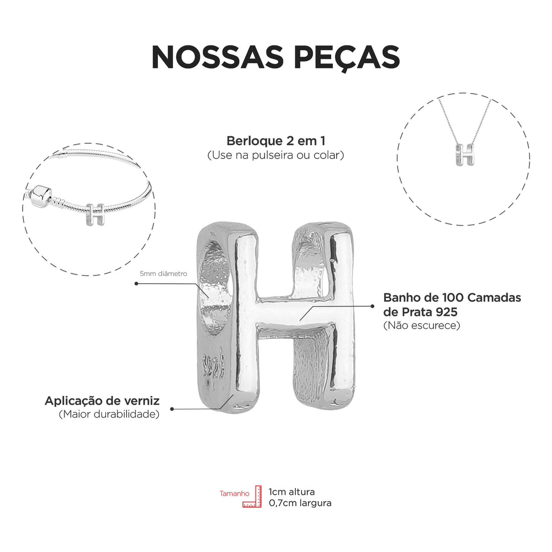 Berloque Letra H separador prateado — detalhe da peça Work Semijoias