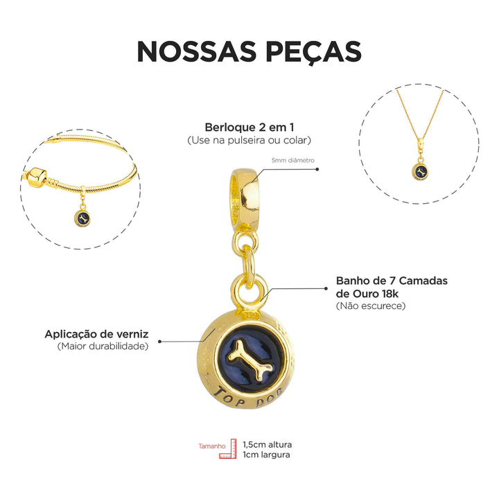 Berloque Comedouro Cachorro dourado — ângulo lateral semijoia Work Semijoias
