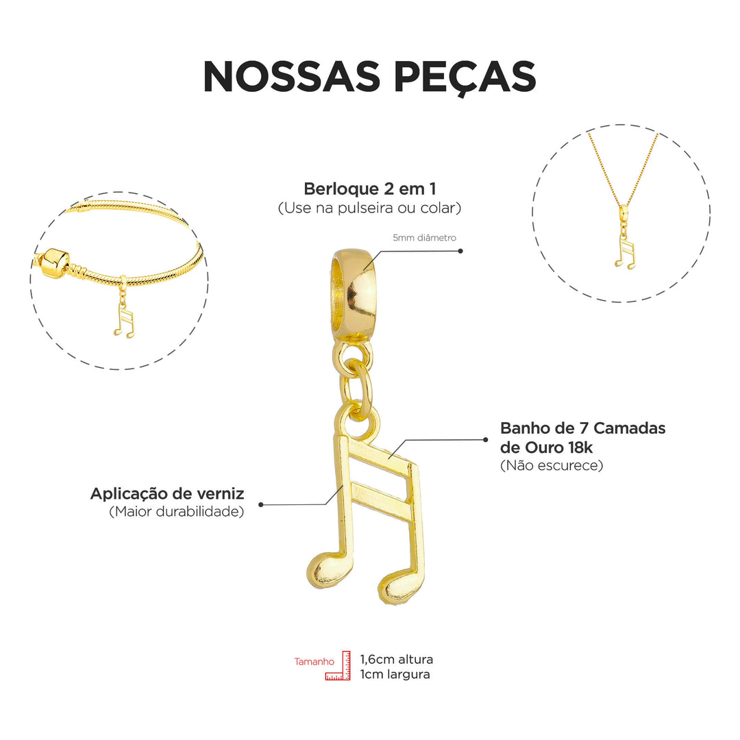 Berloque Nota Musical dourado — ângulo lateral semijoia Work Semijoias