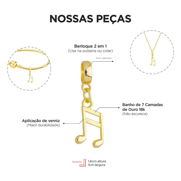 Berloque Nota Musical dourado — ângulo lateral semijoia Work Semijoias